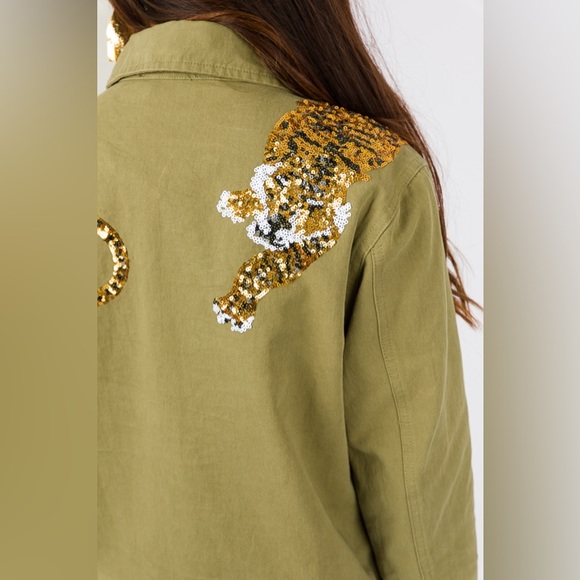 {SOLD} SEQUIN TIGER CARGO POCKET FRONT UTILITY JACKET - OLIVE - Picture 12 of 12